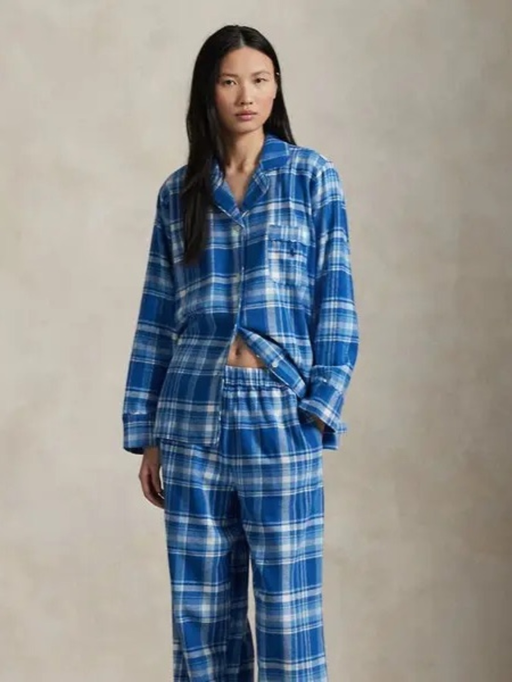 Ralph Lauren NWT Blue and White Lake Flannel Plaid Women’s Pajama Set Size XL